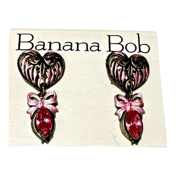 Banana Bob Victorian heart bow silver pink enamel crystal earrings 2” x 1” - Picture 2 of 5